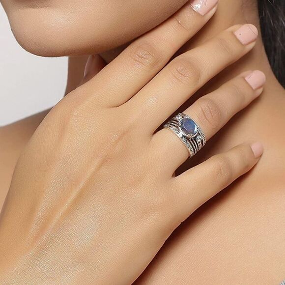 Vintage Natural Labradorite Swiss Blue Topaz 925 Sterling Silver Ring - Picture 7 of 9